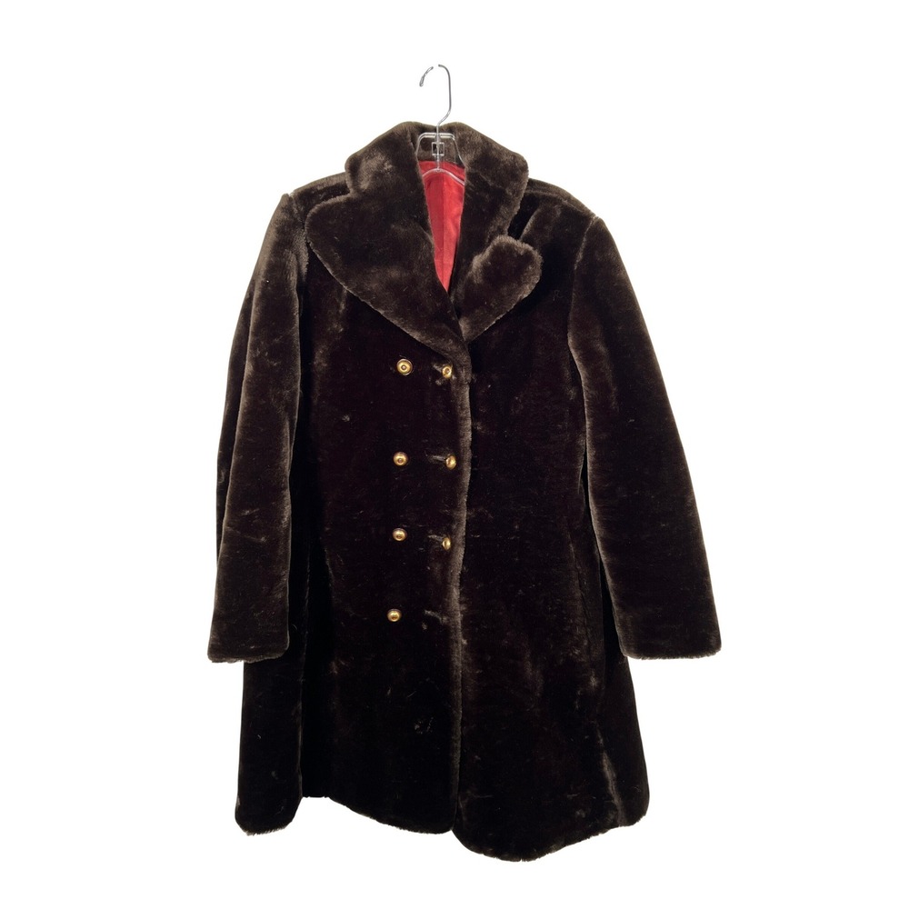 Vintage Chocolate Brown Faux Fur Double Breasted Coat Gold Buttons Glenoit L/XL